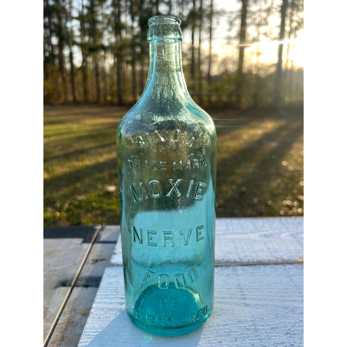 Moxie Nerve Food Aqua Glass Patent Medicine Bottle, Embossed Brockway Glass Collectible Decor