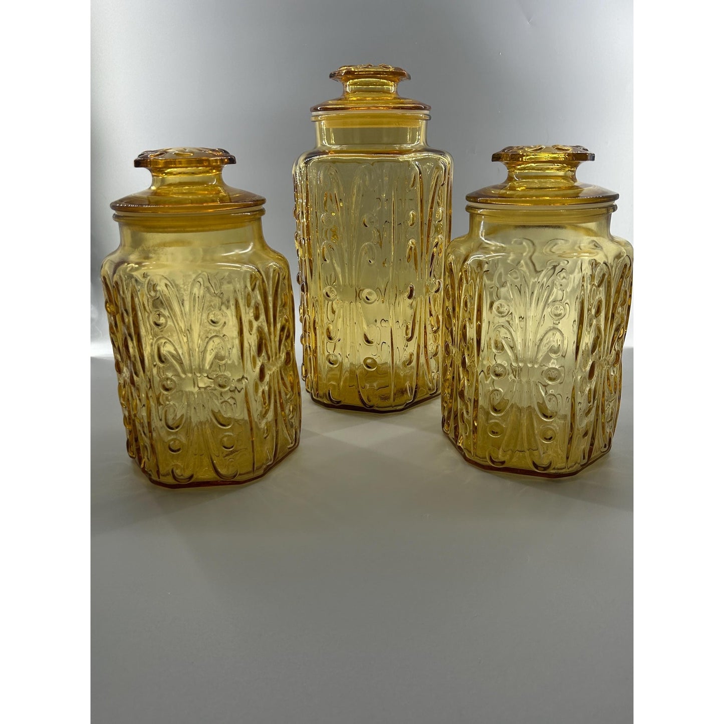 Indiana Honey Amber Glass Apothecary Jars Set of 3, Vintage MCM Kitchen Canisters, Retro Farmhouse Storage, Cookie Jar