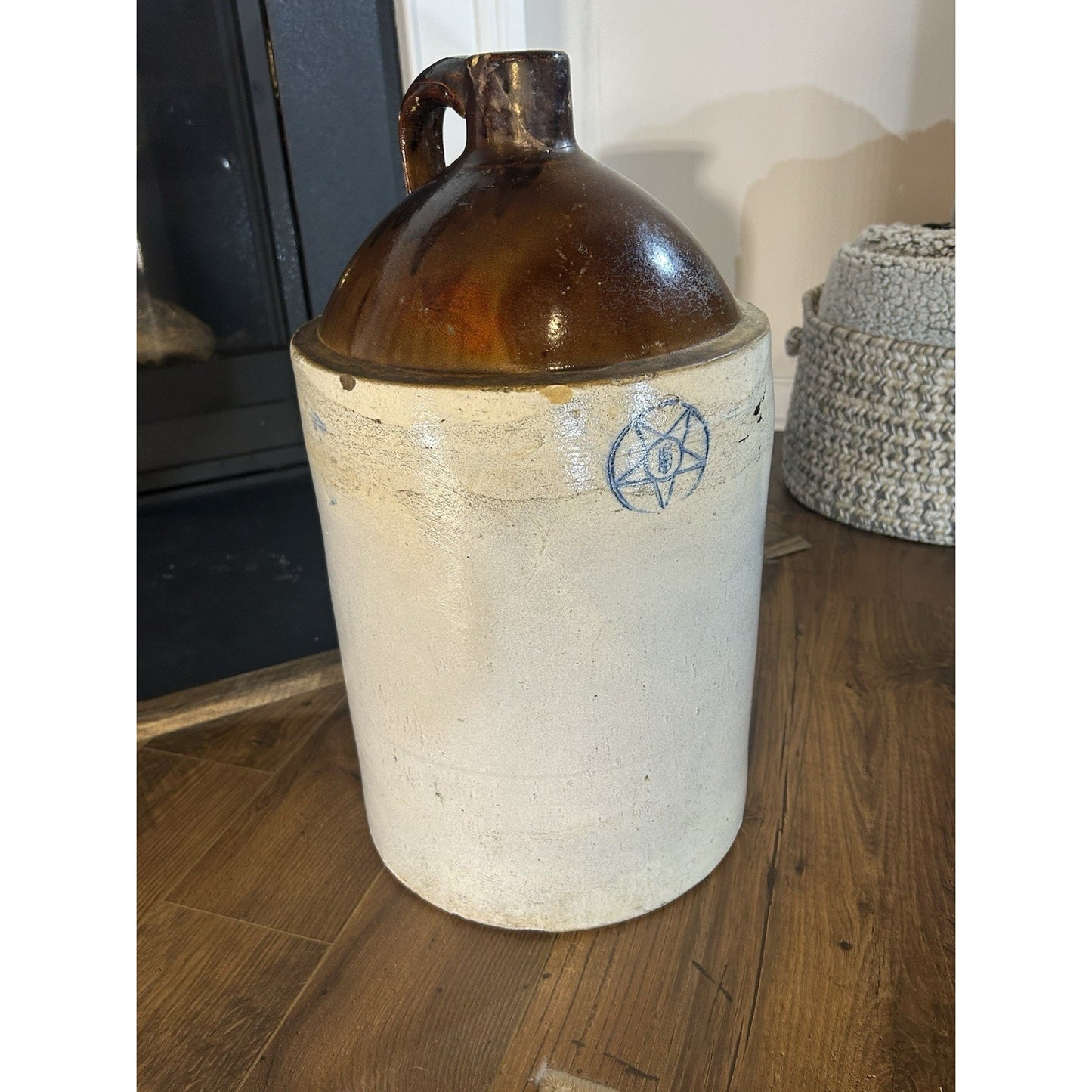 Antique 5-Gallon Blue Star Stoneware Crock Jug — Cobalt Blue Decoration — Primitive American Folk Pottery
