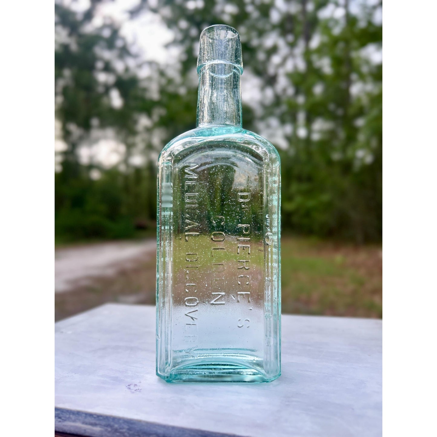 Antique Dr Pierce Golden Medical Discovery Applied Top Aqua Hand Blown Patent Medicine Bottle Buffalo NY 1880s Seed Bubbles