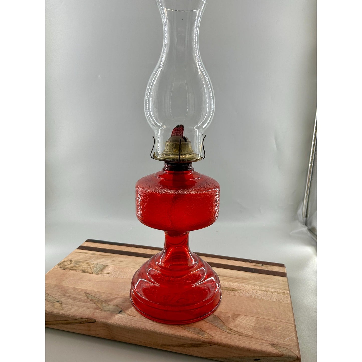 Antique Ruby Red Glass Oil Lamp 22” Tall – Figural Heron Marsh Scene Pedestal – Victorian Kerosene Parlor Lamp – Cranberry Pressed Glass