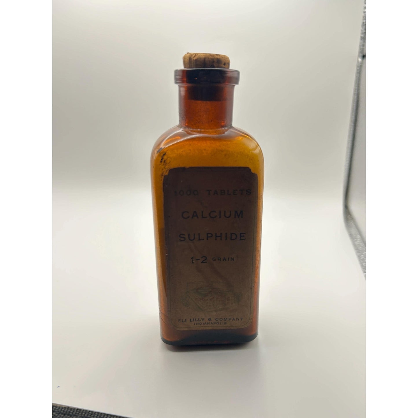 Antique Eli Lilly Calcium Sulphide Tablet Bottle w/ Original Contents & Cork