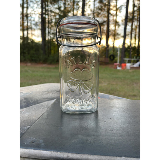 Scarce Vintage ATLAS “Good Luck” Clover Jar – Embossed Four-Leaf Canning Jar