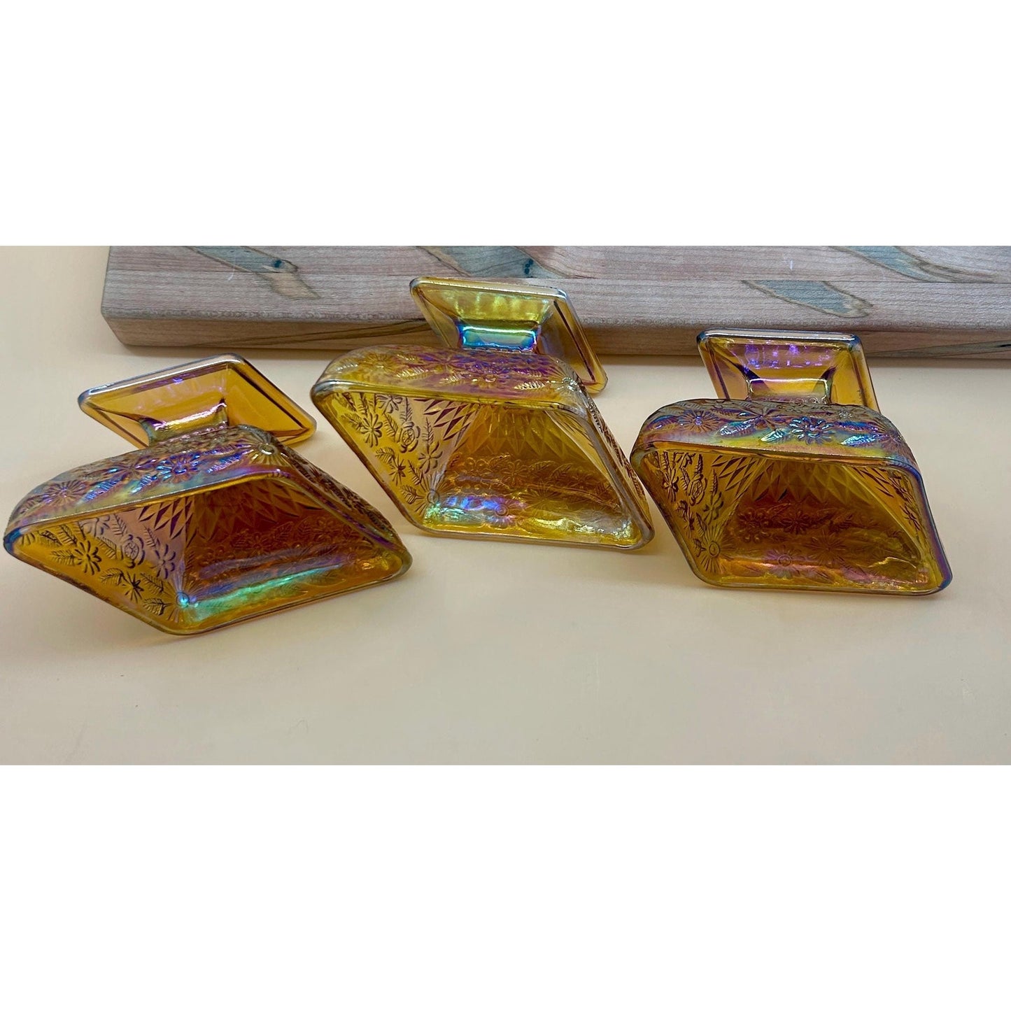Vintage Marigold Carnival Glass Pedestal Bowls Set of 3 Iridescent Amber Pressed Glass Dessert Bowls Footed Carnival Glass Candy Dish Set