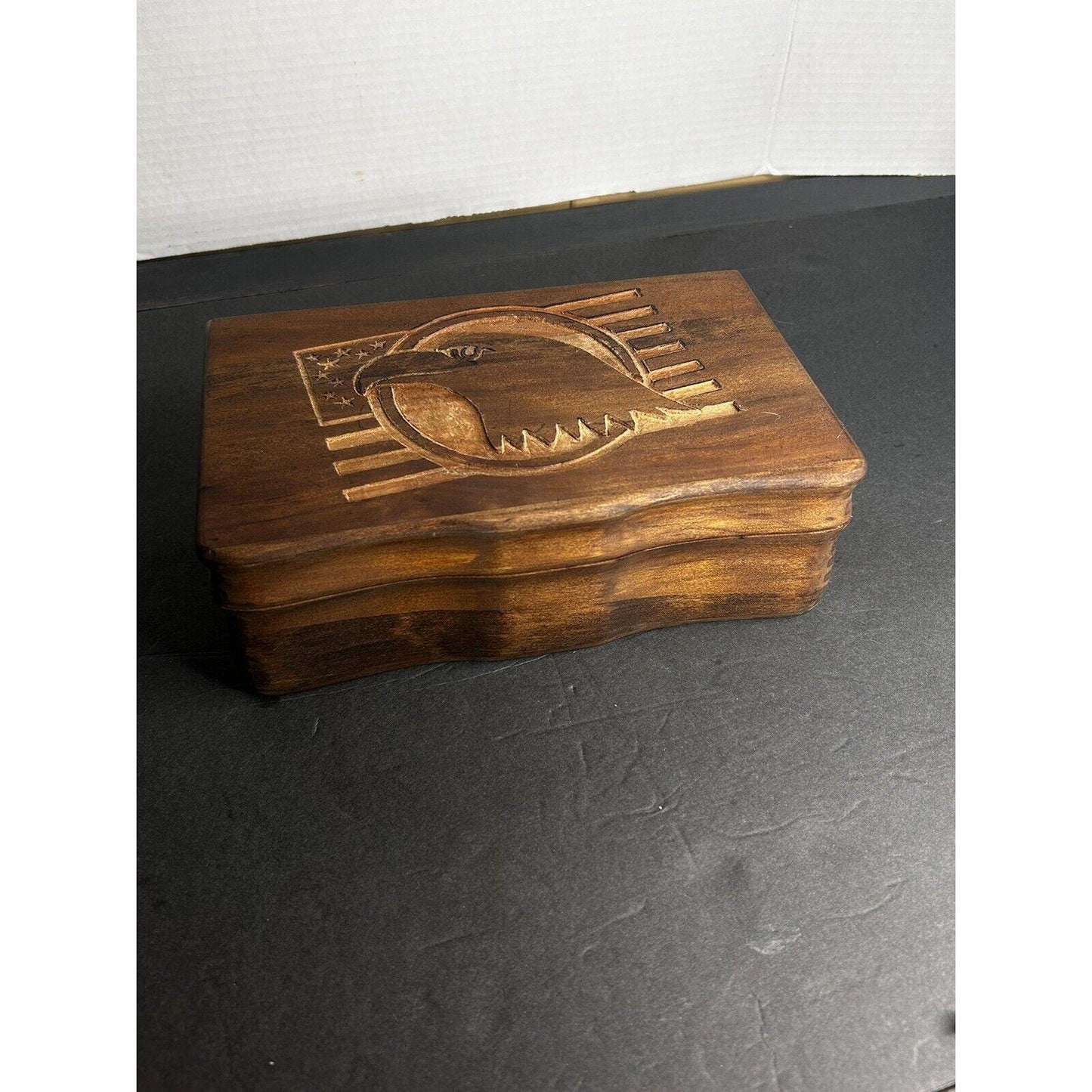 Antique Hand Carved Bald Eagle Wooden Trinket Box With Mirror | America | Trinket_box | Maga | Trump | Patriotic | Home_decor