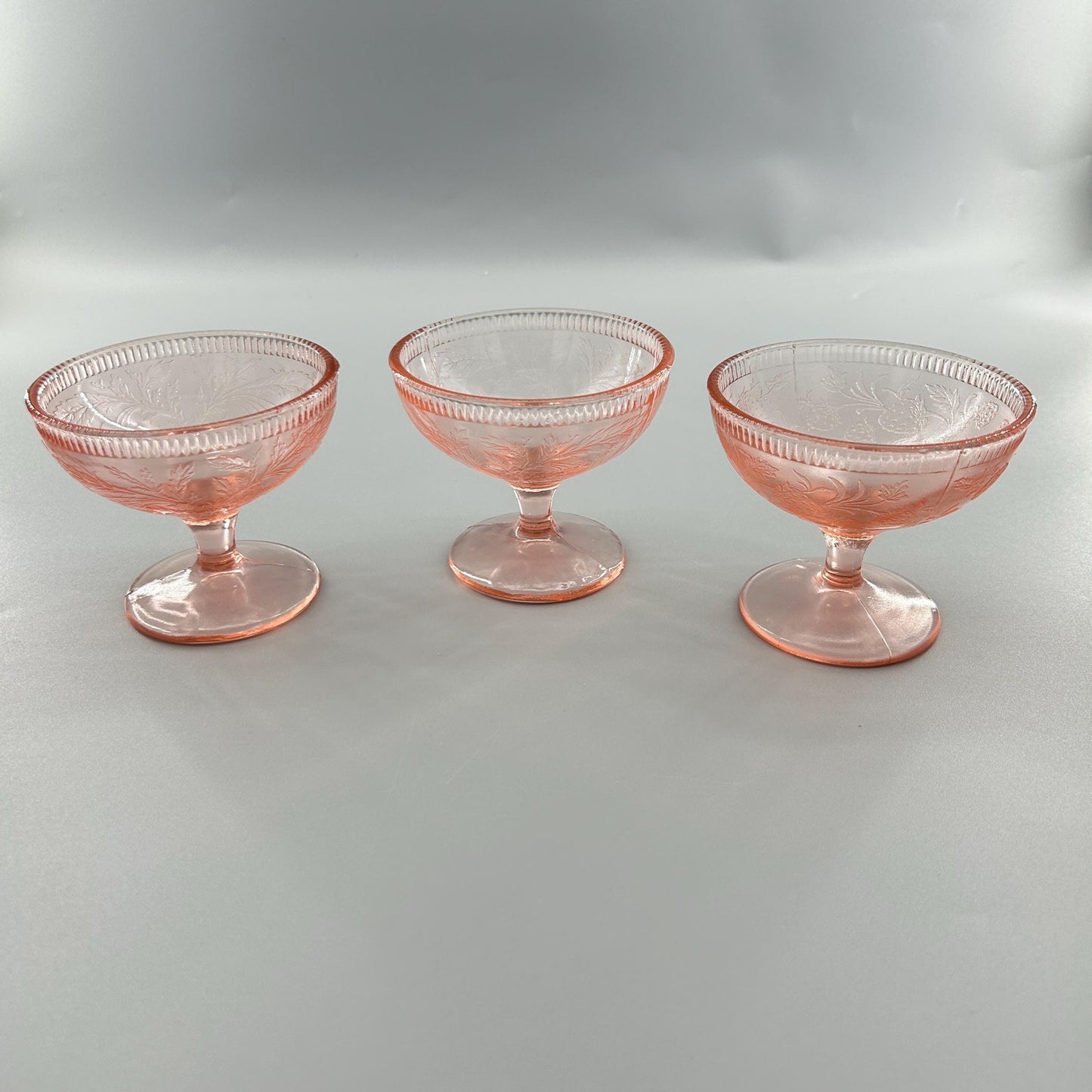 Pink Depression Glass Sherbet Dessert Cups • Vintage 1930s Footed Bowls • Set of 3 • Etched Floral Stemware • Cottage Farmhouse Tableware