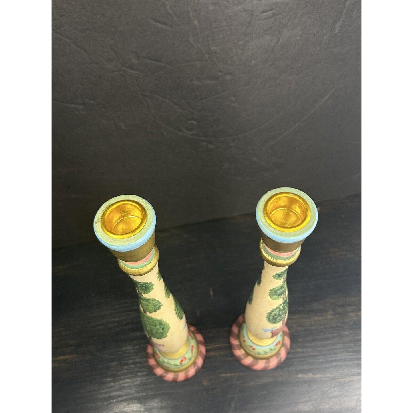 Folk Art Hand-Painted Wooden Candle Holders – Southwestern Bird Design
