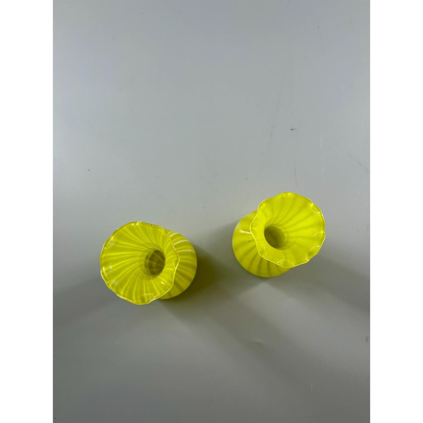 Vintage Murano Style Yellow Opaline Art Glass Bud Vases Pair Ruffled Rim Hand Blown Italy