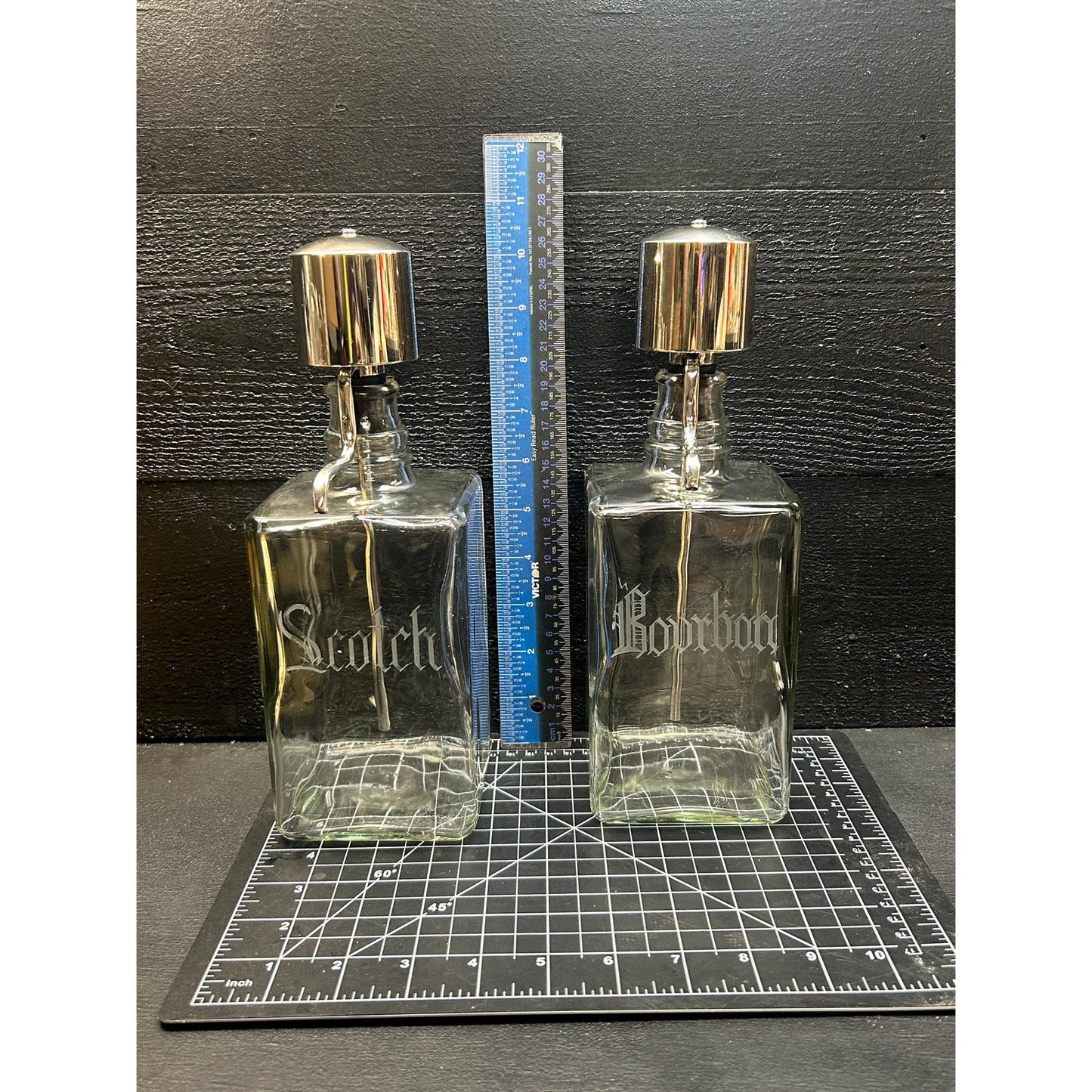 Vintage Mid Century Scotch & Bourbon Decanter Set – Etched Glass Liquor Bottles with Chrome Pump Tops – Retro Barware Gift Pair. mancave