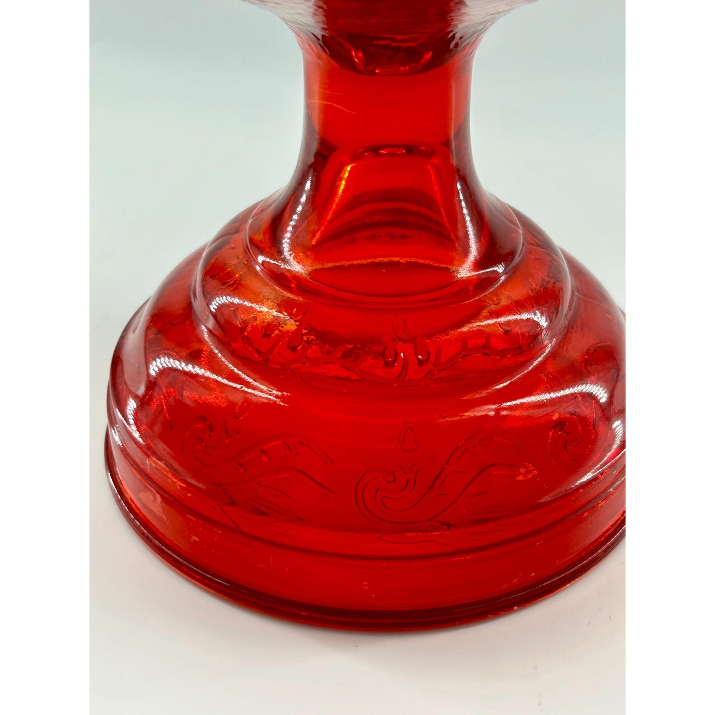 Antique Ruby Red Glass Oil Lamp 22” Tall – Figural Heron Marsh Scene Pedestal – Victorian Kerosene Parlor Lamp – Cranberry Pressed Glass
