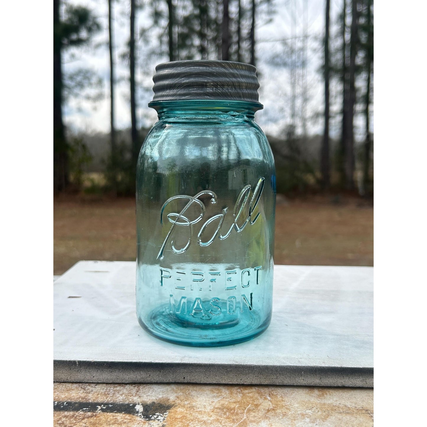 Antique Ball Perfect Mason Jar #13 Mold Aqua Quart w Original Zinc Lid 1920s