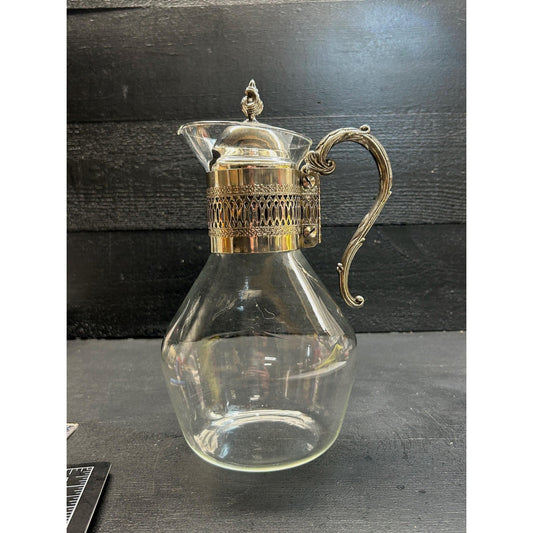 Vintage Corning Pyrex silver plate glass carafe ornate handle lid 1950s MCM coffee wine server front