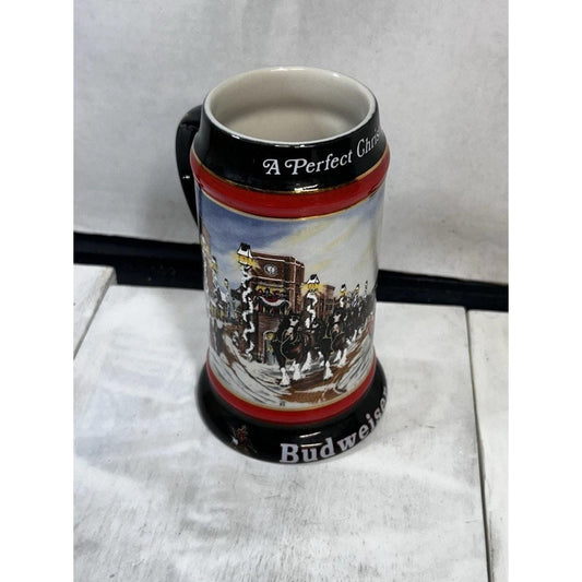 1992 Budweiser Clydesdales A Perfect Christmas beer stein by Ceramarte — holiday scene, official Anheuser-Busch collectible