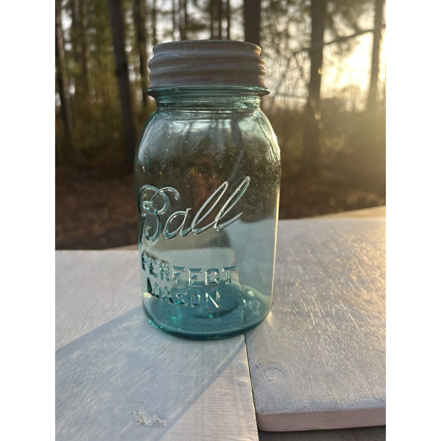 Antique Ball Perfect Mason blue quart jar lid detail