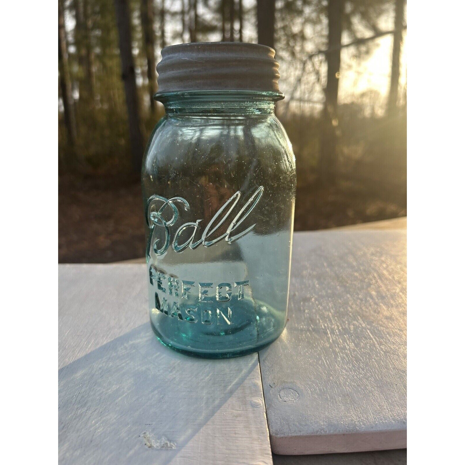 Antique Ball Perfect Mason blue quart jar lid detail