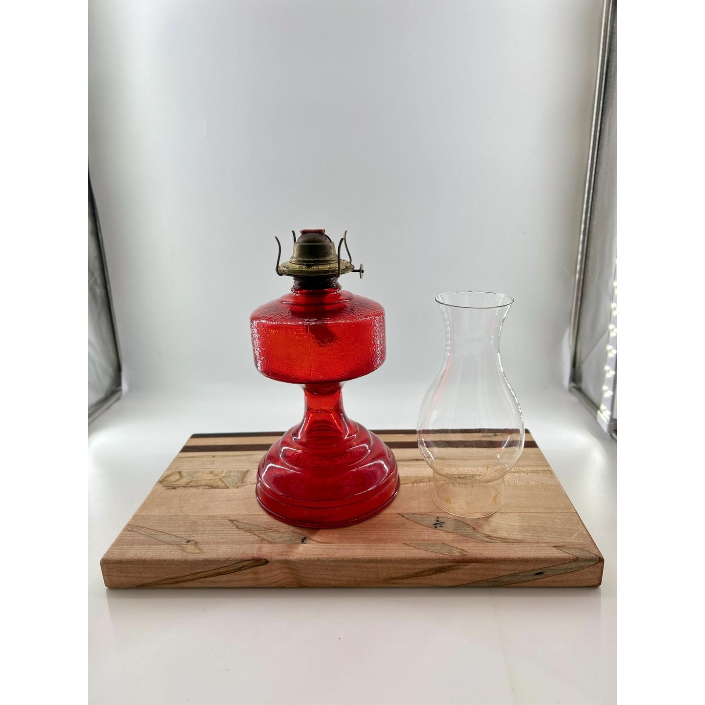 Antique Ruby Red Glass Oil Lamp 22” Tall – Figural Heron Marsh Scene Pedestal – Victorian Kerosene Parlor Lamp – Cranberry Pressed Glass