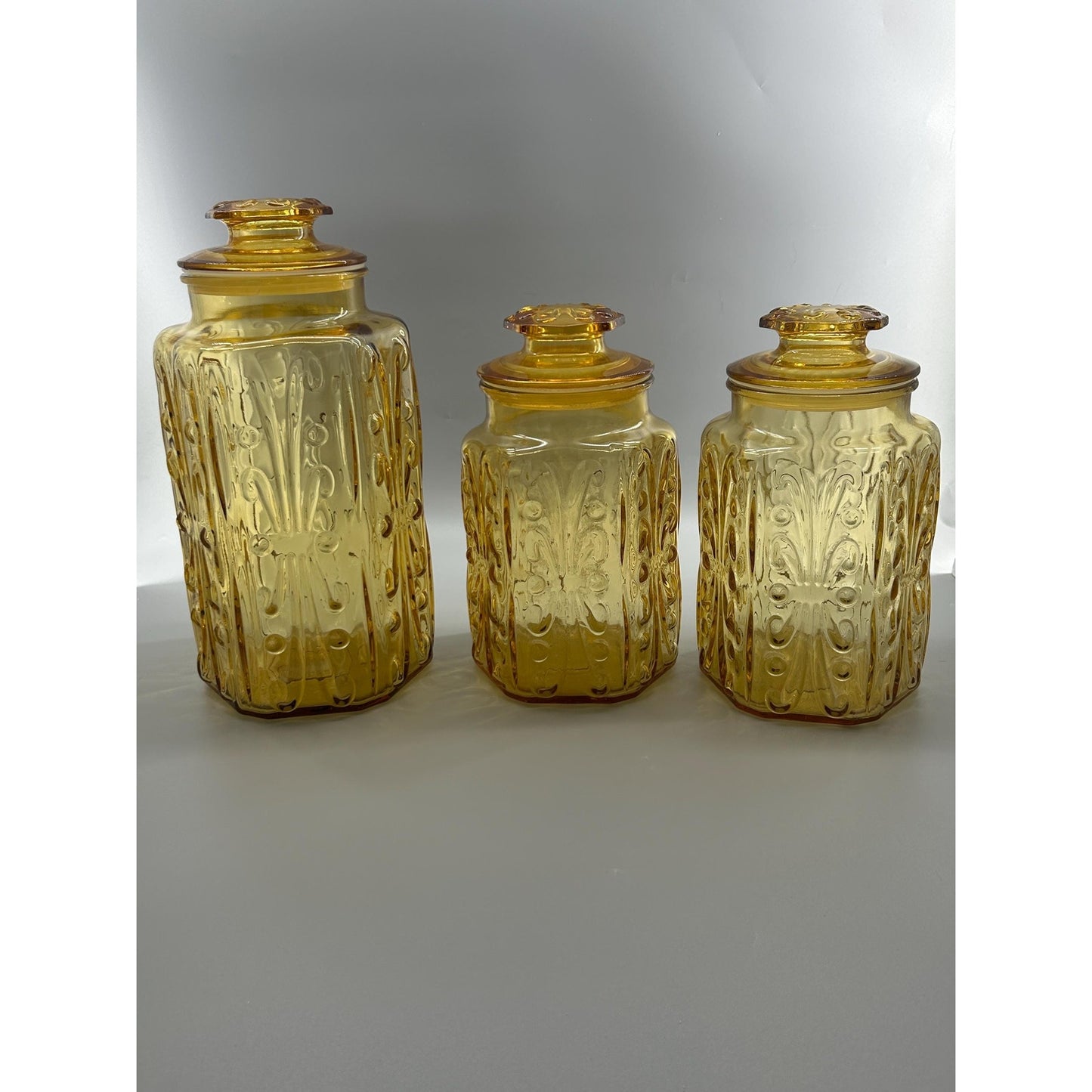 Indiana Honey Amber Glass Apothecary Jars Set of 3, Vintage MCM Kitchen Canisters, Retro Farmhouse Storage, Cookie Jar