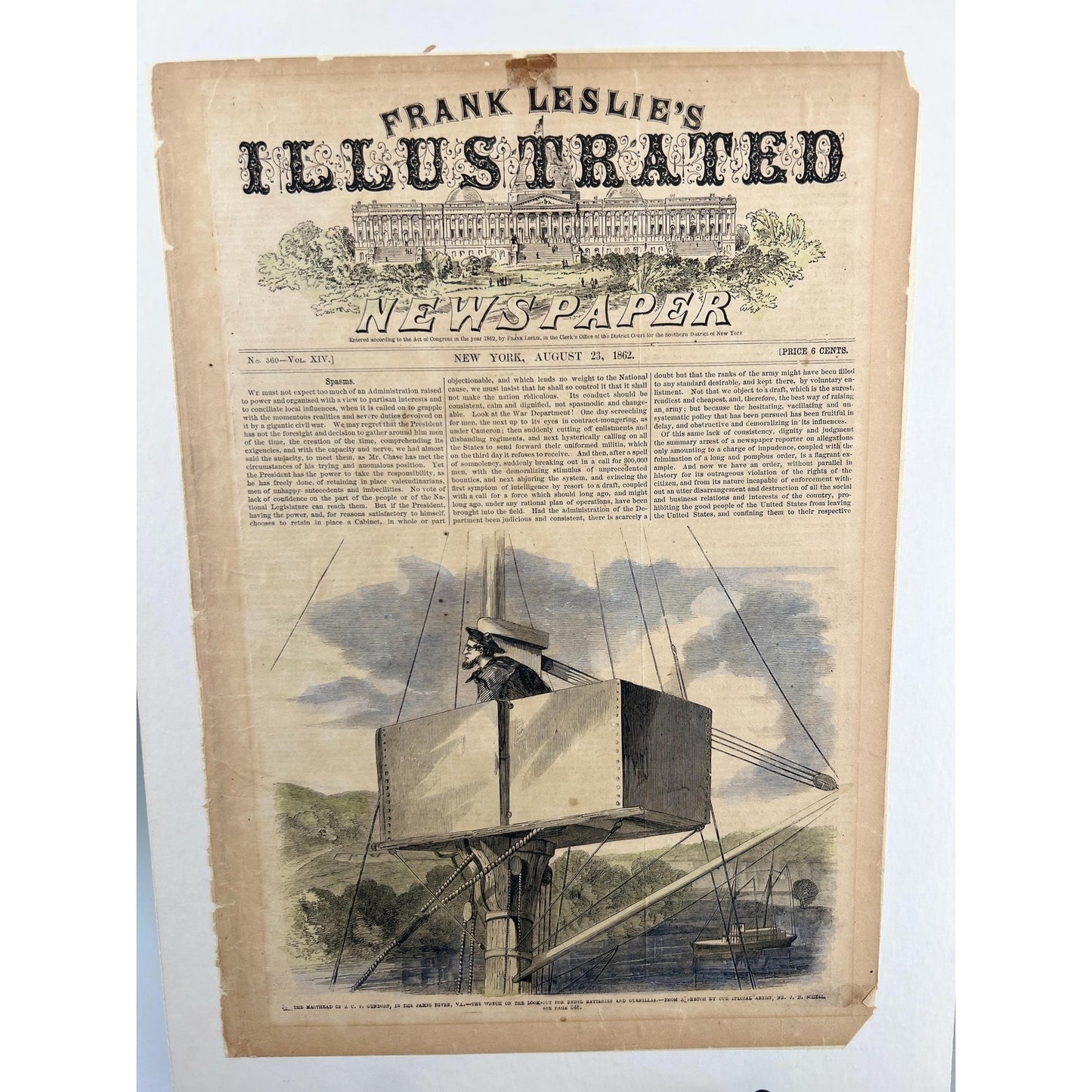 Antique Rare Civil War Newspaper 1862 Frank Leslie Illustrated Naval Masthead Lookout James River Union Warship Antique Print