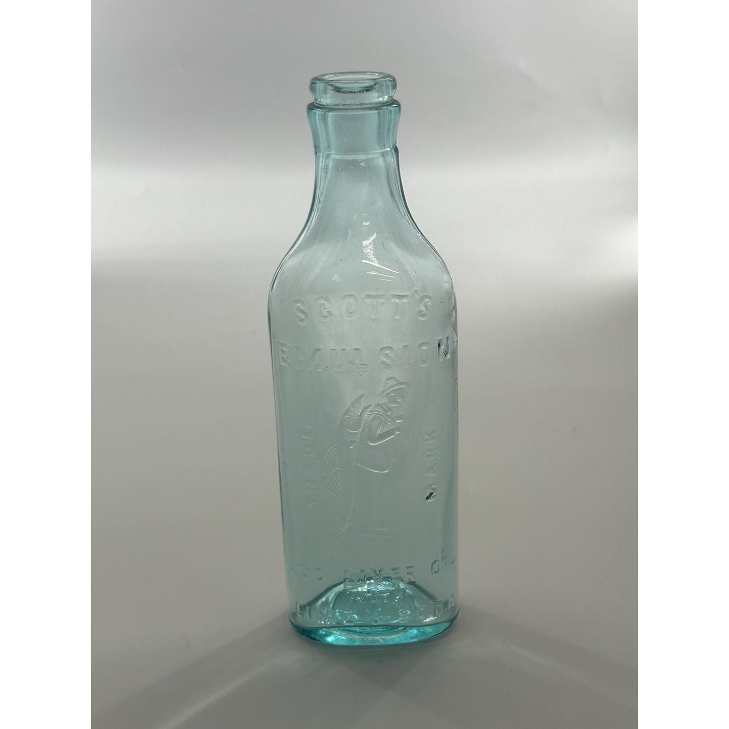 Antique Scott’s Emulsion Aqua Blue Cod Liver Oil With Lime & Soda Bottle Embossed Fisherman Patent Medicine