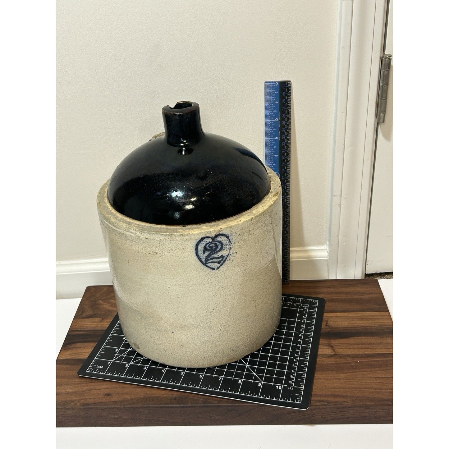 Antique Burley Winter 2 Gallon Stoneware Jug Cobalt Blue Heart Salt Glaze Crock