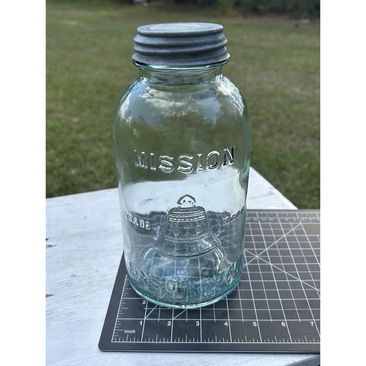 Rare Half Gallon Mission Bell Mason Jar Aqua WJ Latchford Los Angeles CA Antique