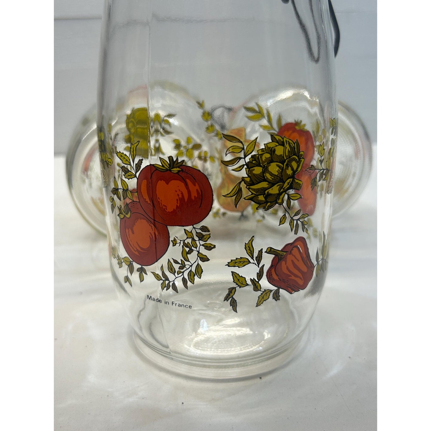Vintage French Glass Canister Set with Wire Bail Lids, 1970s Mushroom Vegetable Print Kitchen Jars, Made in France, Farmhouse Pantry Storage