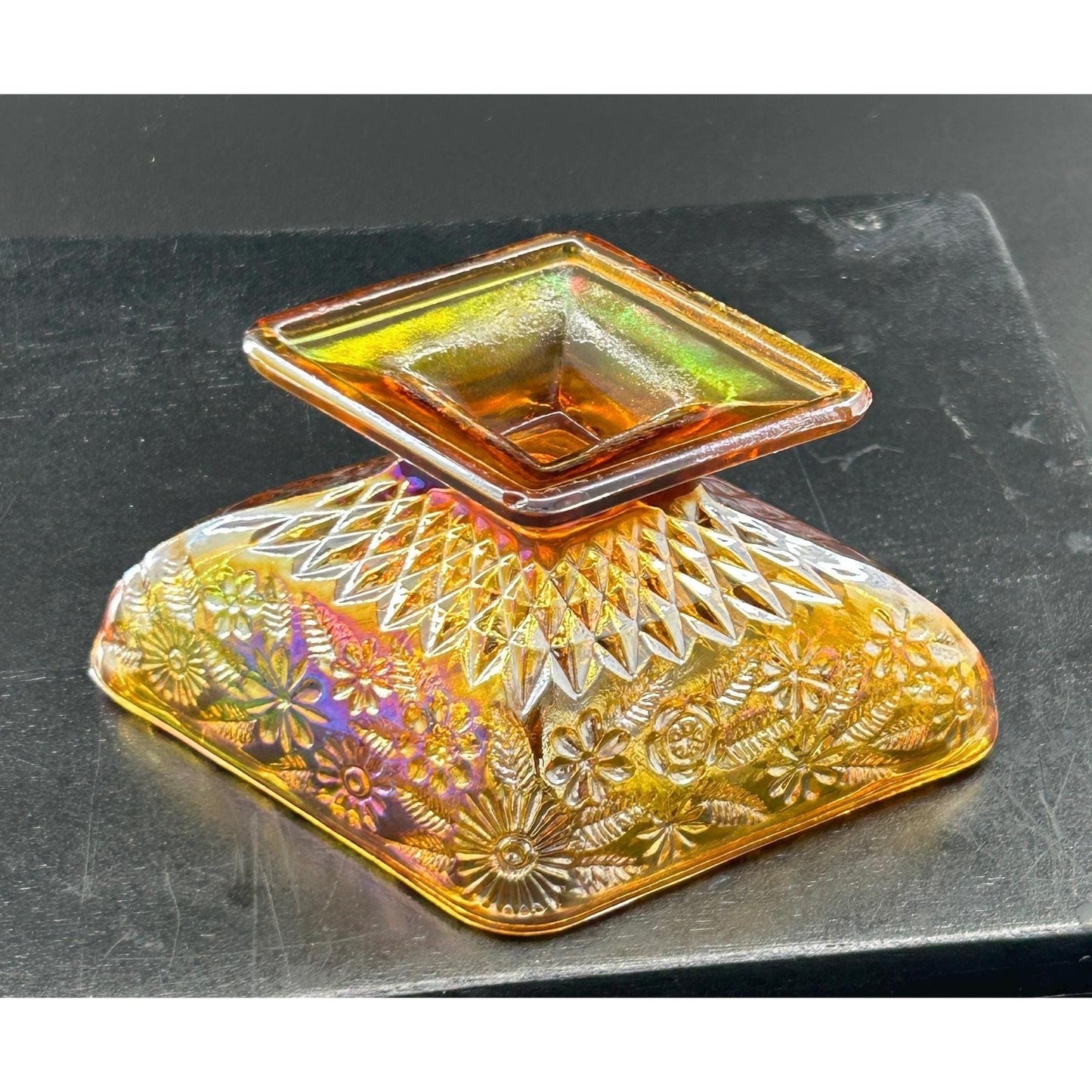 Vintage Indiana Glass Carnival Compote – Marigold Iridescent Square Pedestal Bowl, Floral Depression Glass Centerpiece