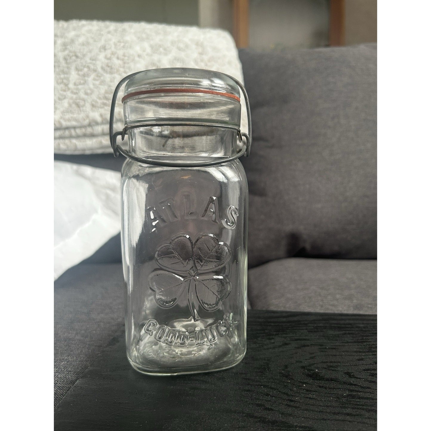 Vintage Atlas Good Luck Clover Mason Jar — ½-Gallon SQUARE Wire-Bail Form — Clear Glass with Original Lid & Gasket
