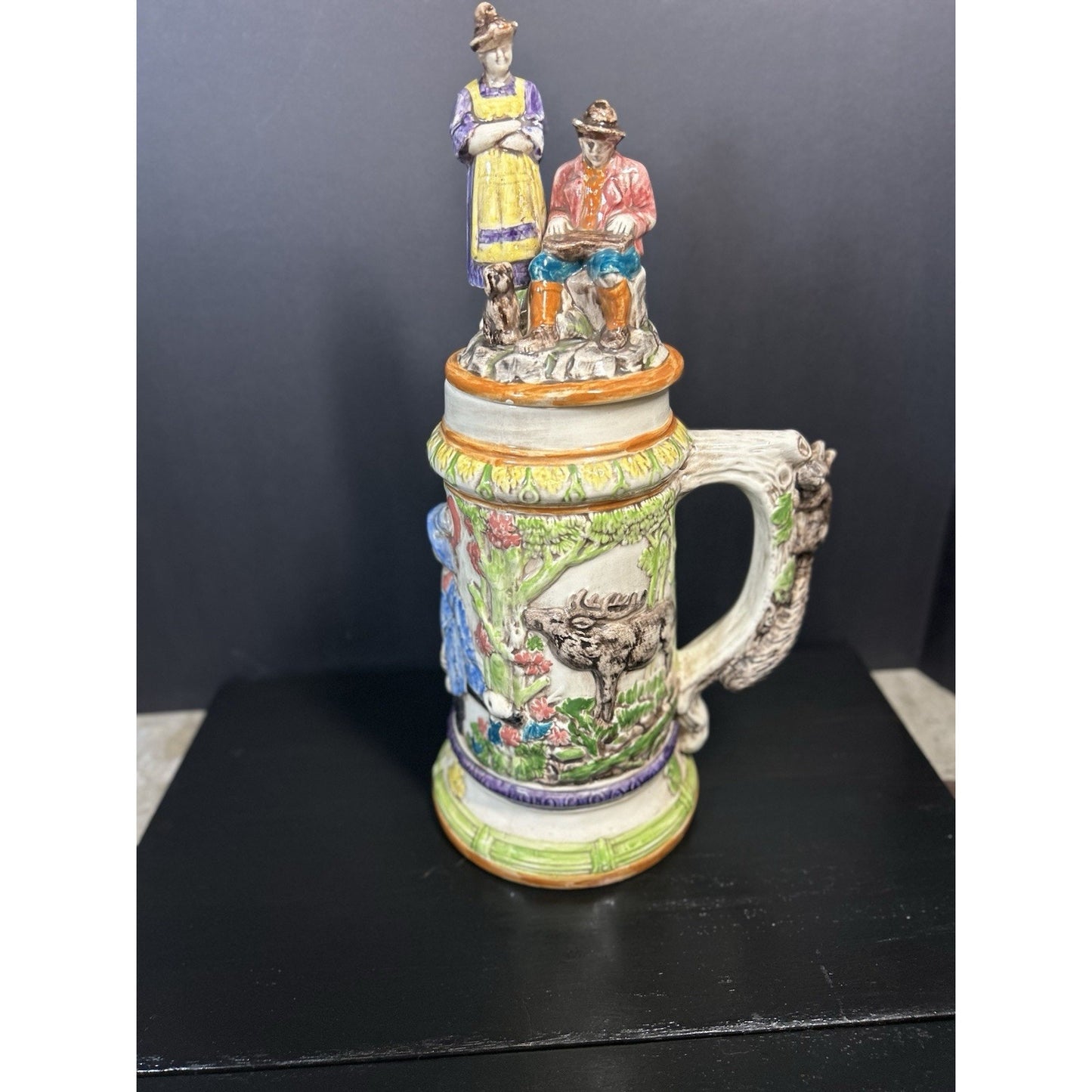VINTAGE LARGE HANDMADE HAND PAINTED HUNTING GERMAN 1974 BEER STEIN MUG WITH LID
