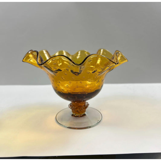 Vintage Amber Controlled Bubble Compote • Ruffled Rim Pedestal Glass Bowl • Mid Century Footed Centerpiece • Art Glass Home Decor. Gorgeous