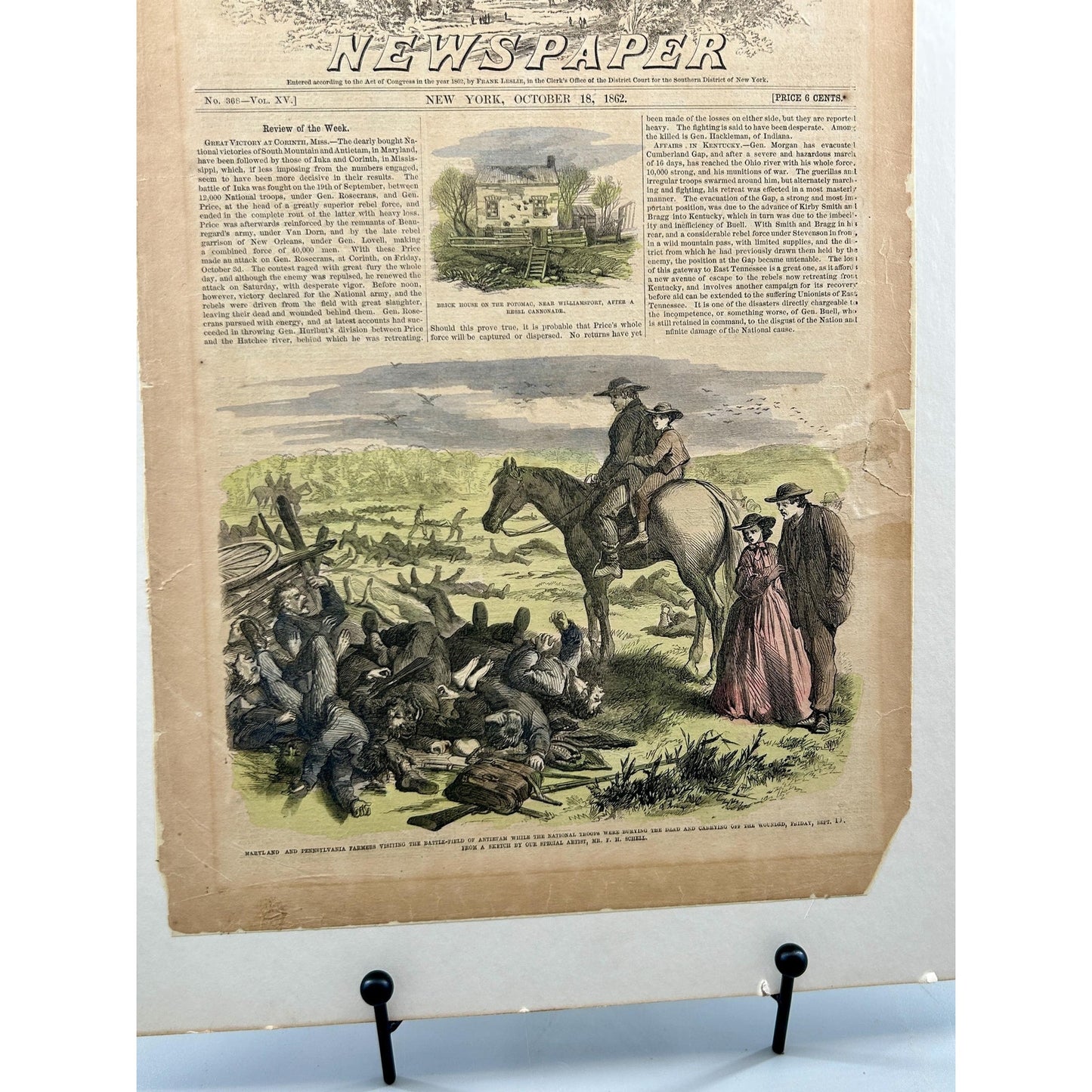 Antique Rare 1862 Frank Leslie Illustrated Newspaper Civil War Antietam Battlefield Original Hand Colored Engraving October 18 Issue