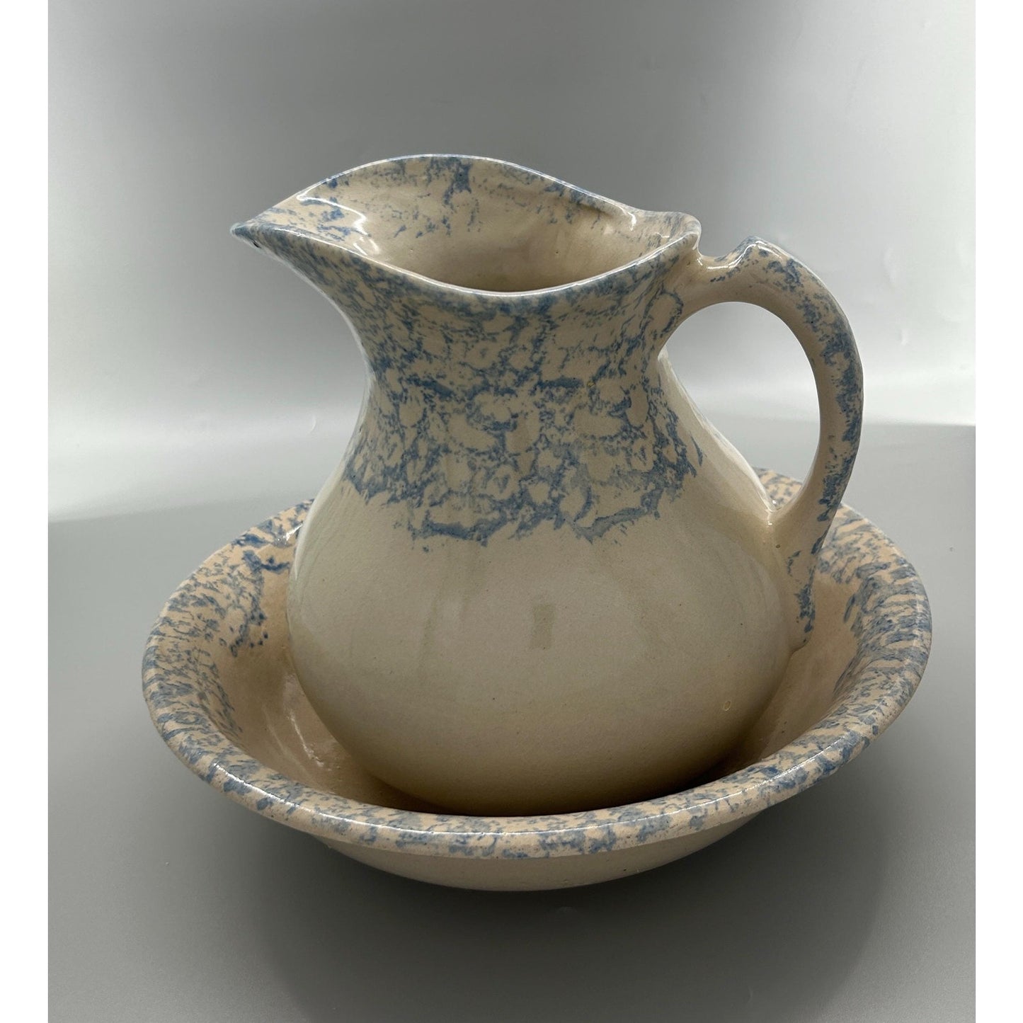 Robinson Ransbottom Blue Spongeware Pitcher and Bowl Set, RRP Pottery Stoneware Basin, Primitive Farmhouse Kitchen Decor, Rare