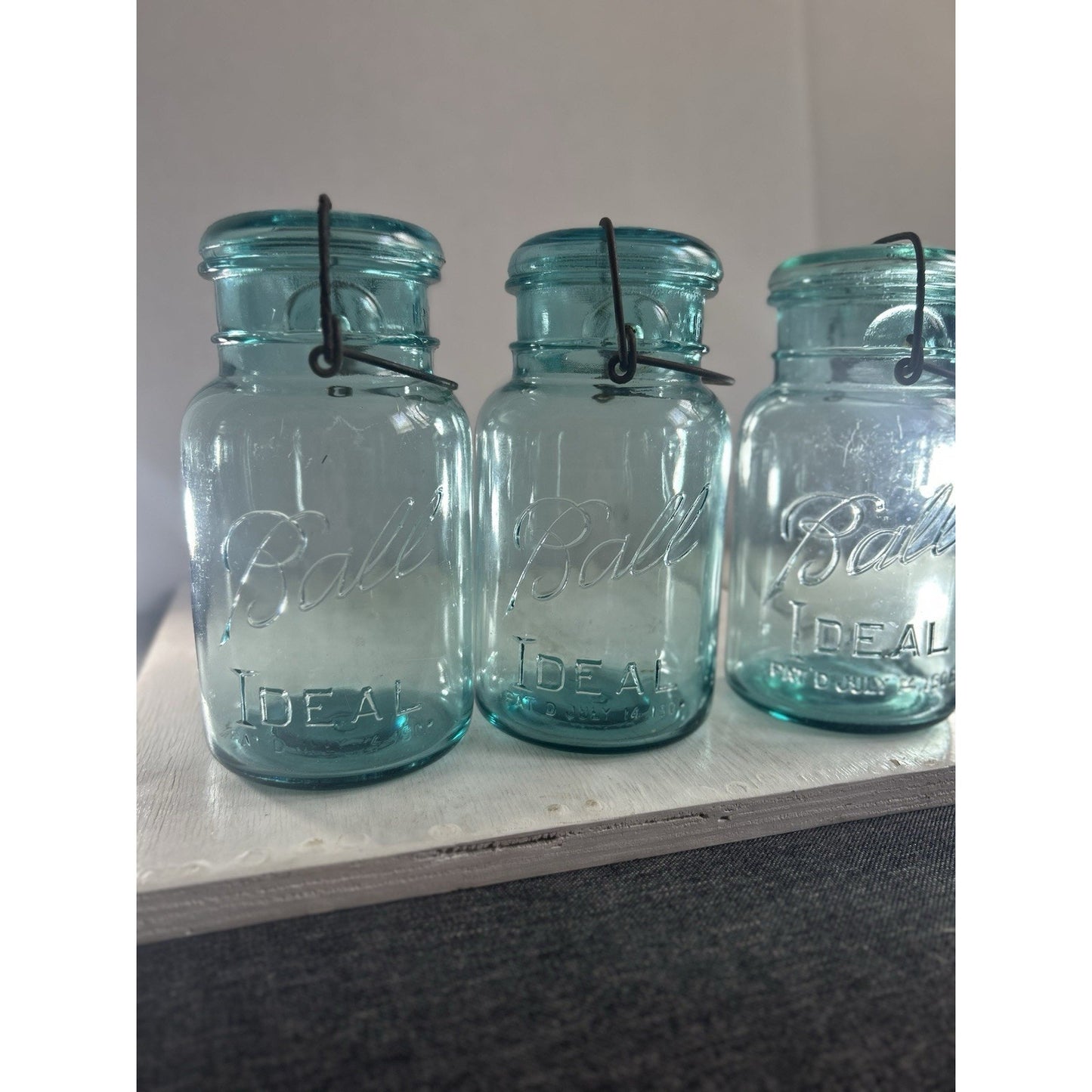 Lot of 3 Ball Ideal Blue Wire Bail Mason Jars Pat’d 1908 Vintage Quart Set. RARE
