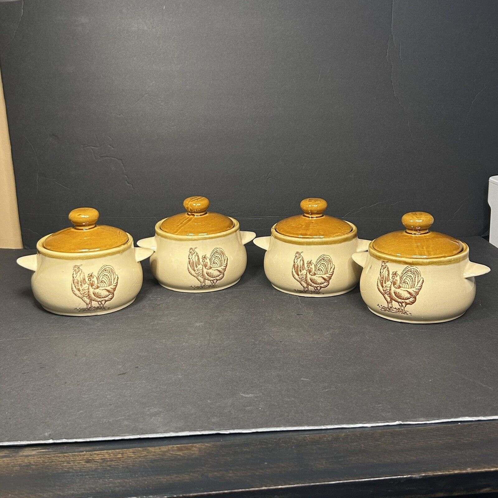 Vintage rooster lidded baking dish set 4 stacked display