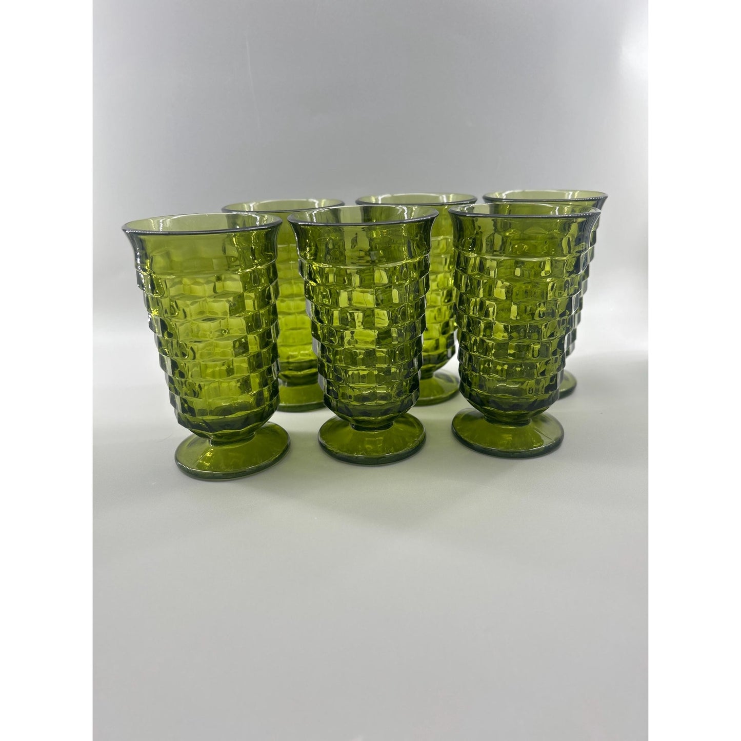 Vintage Indiana Glass Whitehall Cube Tumblers Set of 6 Avocado Green Footed Glasses Mid Century Barware Retro Drinkware