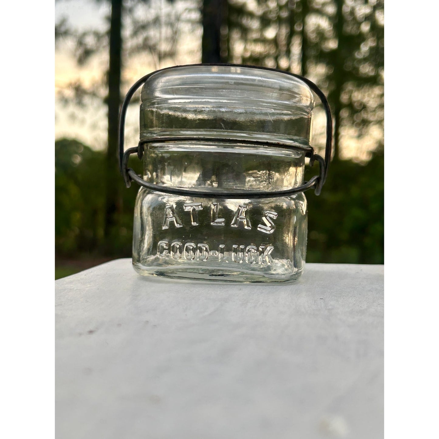Atlas Good Luck Clover Half Pint Mason Jar Original Wire Bail Glass Lid Antique Hazel Atlas 1920s
