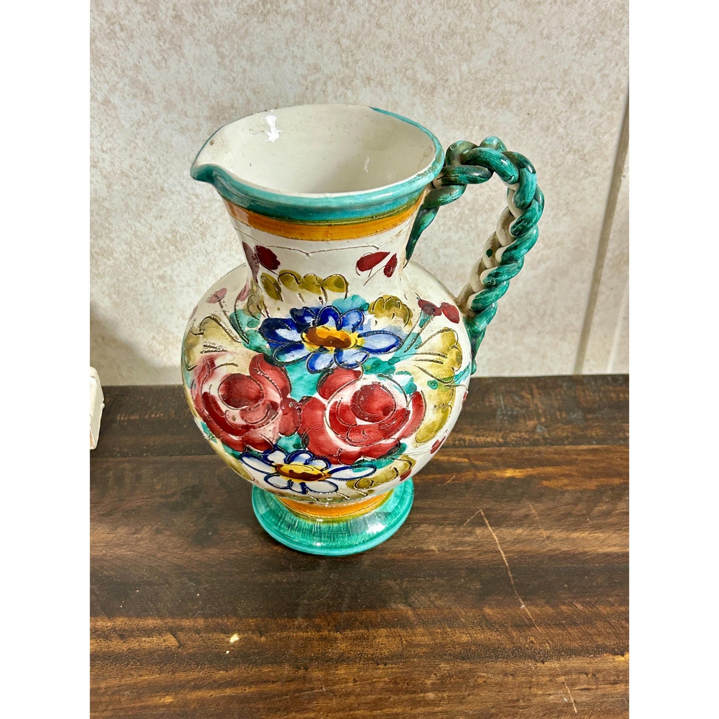 Vintage Hand Painted Spanish Talavera Style Faience Pitcher Twisted Handle Floral Pottery Jug
