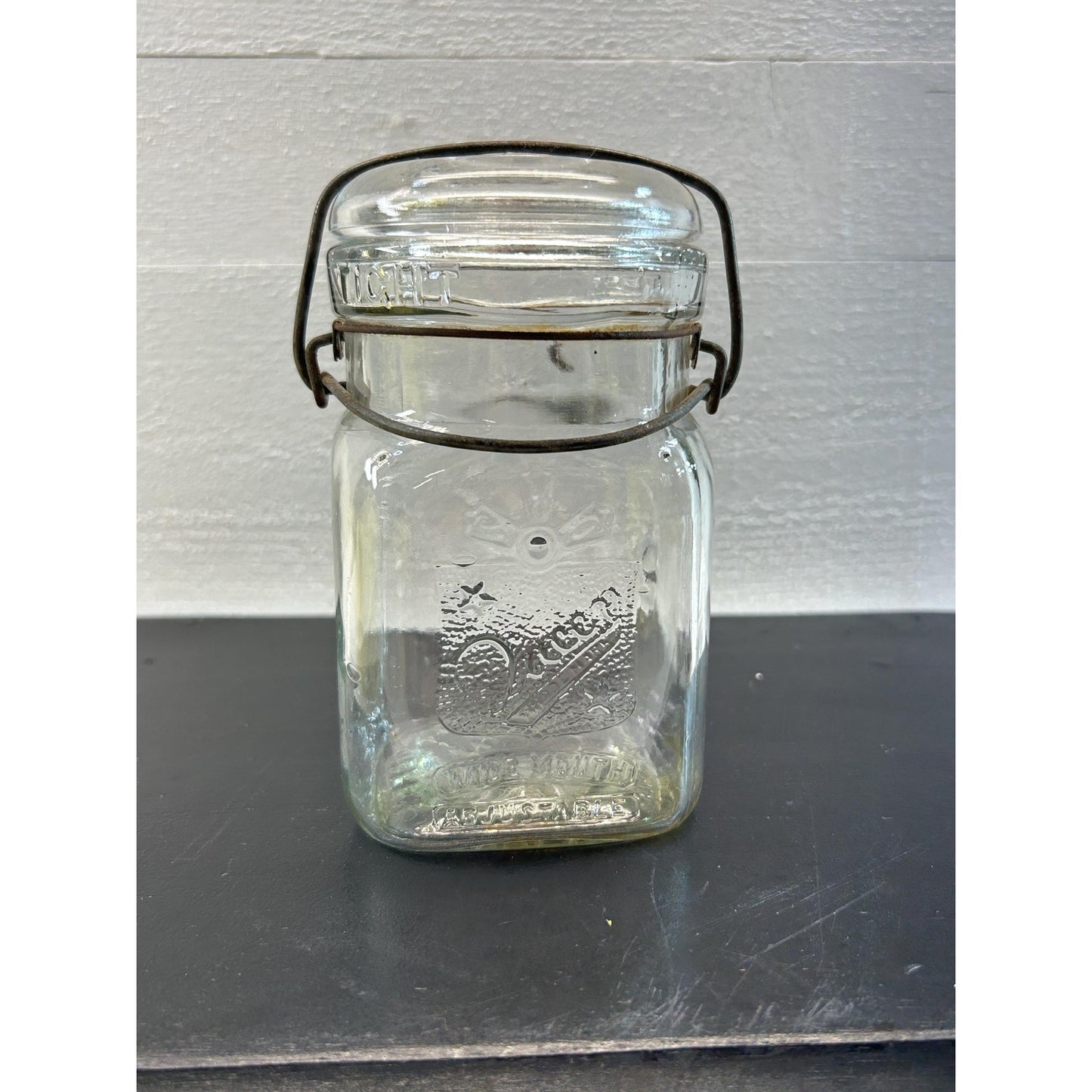 Vintage 1930s–1950s Queen Wide Mouth Square Glass Canning Jar with Wire Bail Lid – Dominion Glass Canada Antique Farmhouse Kitchen Storage