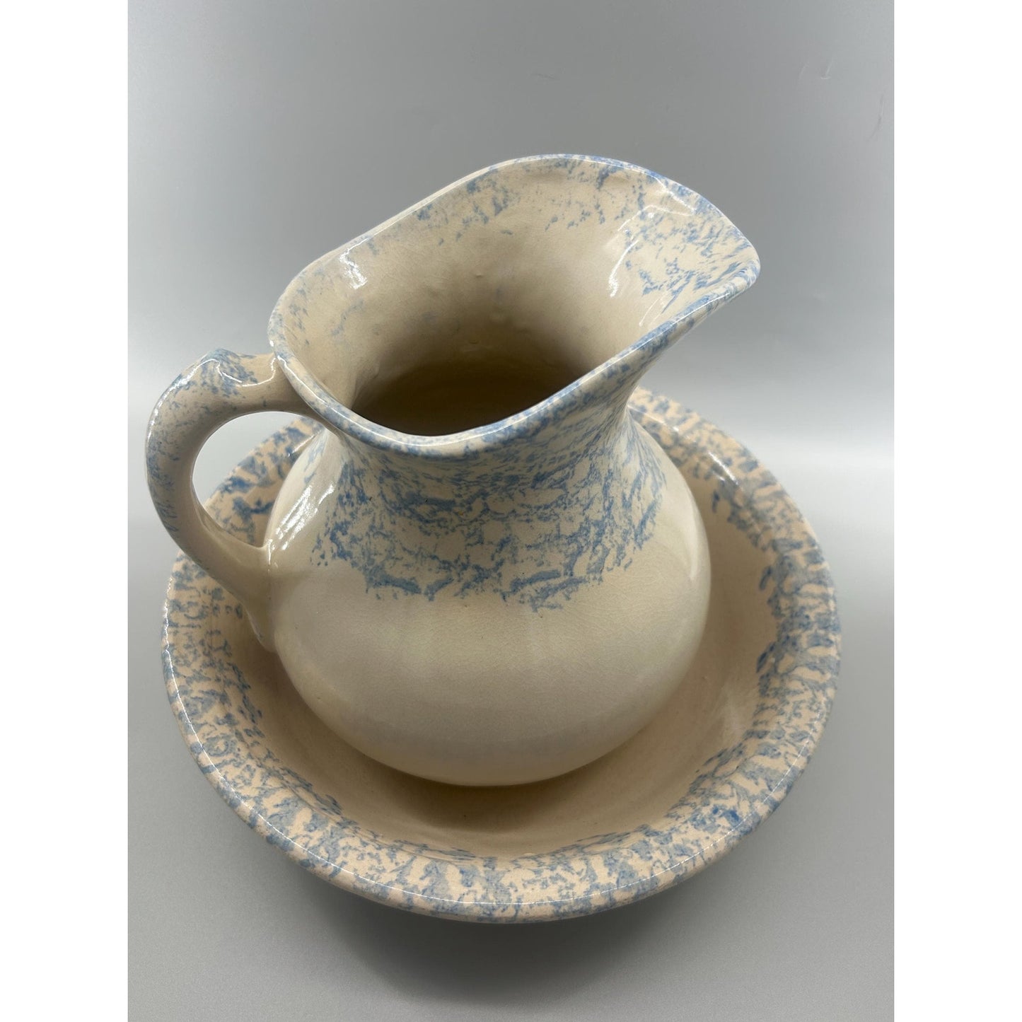 Robinson Ransbottom Blue Spongeware Pitcher and Bowl Set, RRP Pottery Stoneware Basin, Primitive Farmhouse Kitchen Decor, Rare