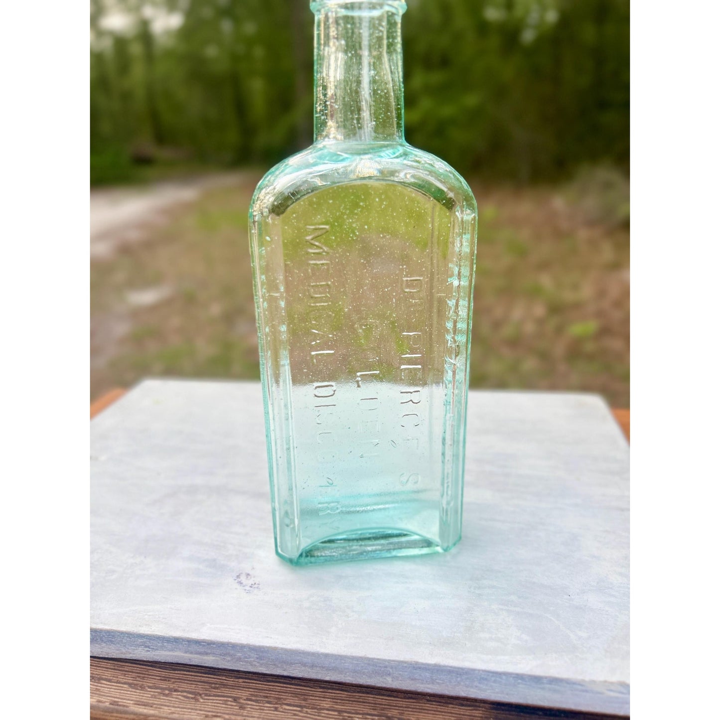 Antique Dr Pierce Golden Medical Discovery Applied Top Aqua Hand Blown Patent Medicine Bottle Buffalo NY 1880s Seed Bubbles