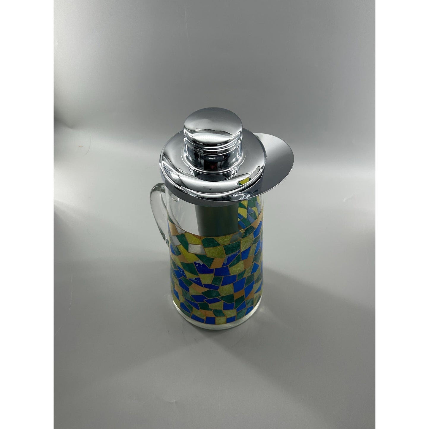 Mid Century Modern Mosaic Glass Pitcher w Chrome Lid & Ice Tube Insert – 1960s Atomic Barware – Retro MCM Entertaining