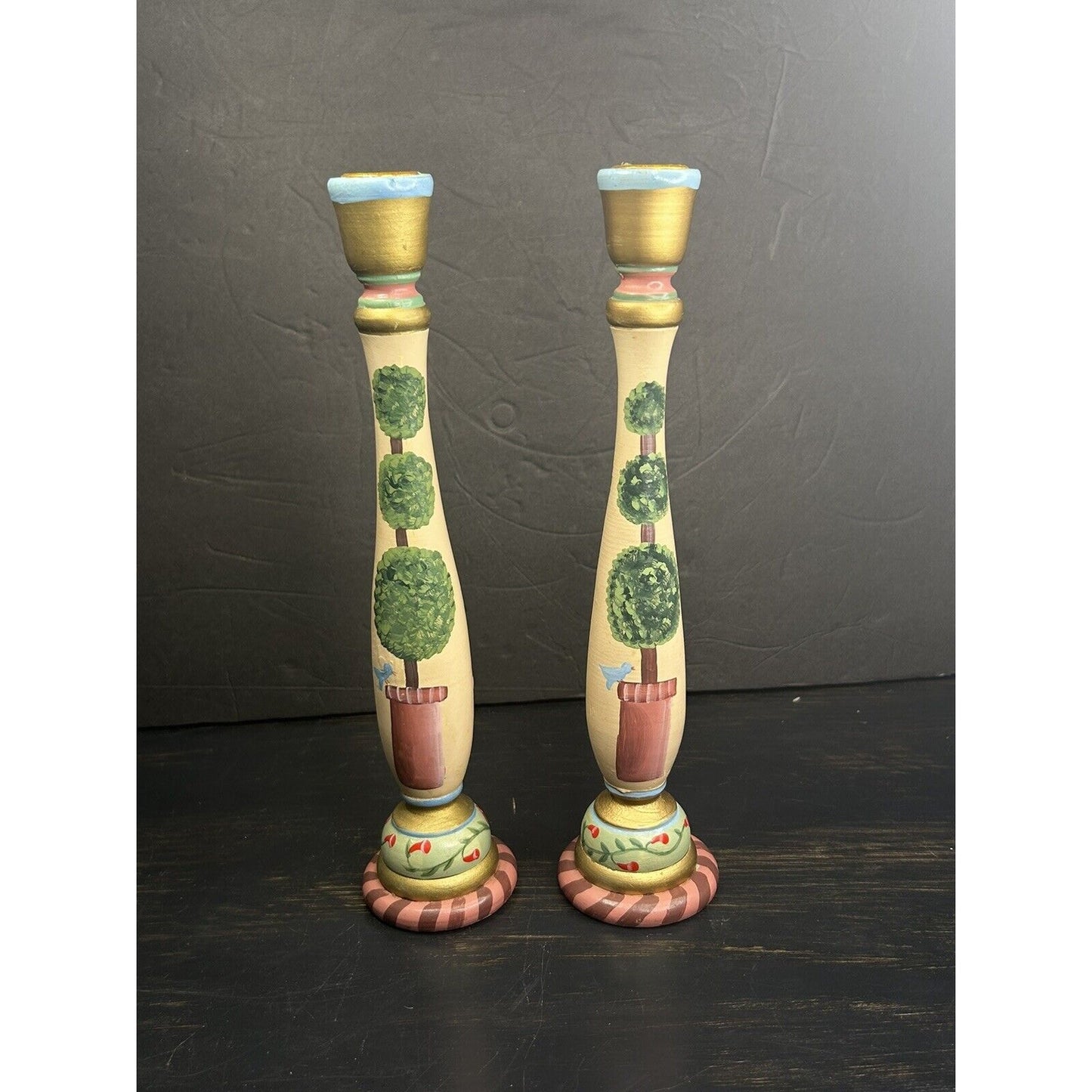 Vintage Folk Art Pair of Hand Painted Wooden Candle Holders Flower Bird Design