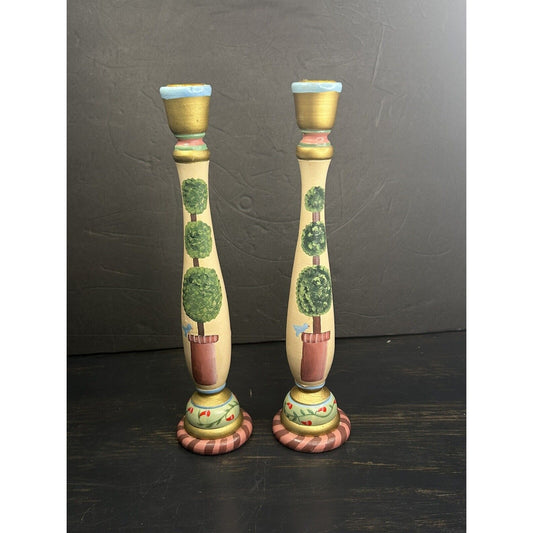 Vintage Folk Art Pair of Hand Painted Wooden Candle Holders Flower Bird Design