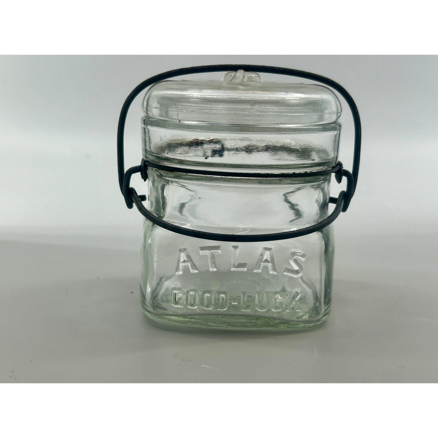 Atlas Good Luck Clover Half Pint Mason Jar Original Wire Bail Glass Lid Antique Hazel Atlas 1920s