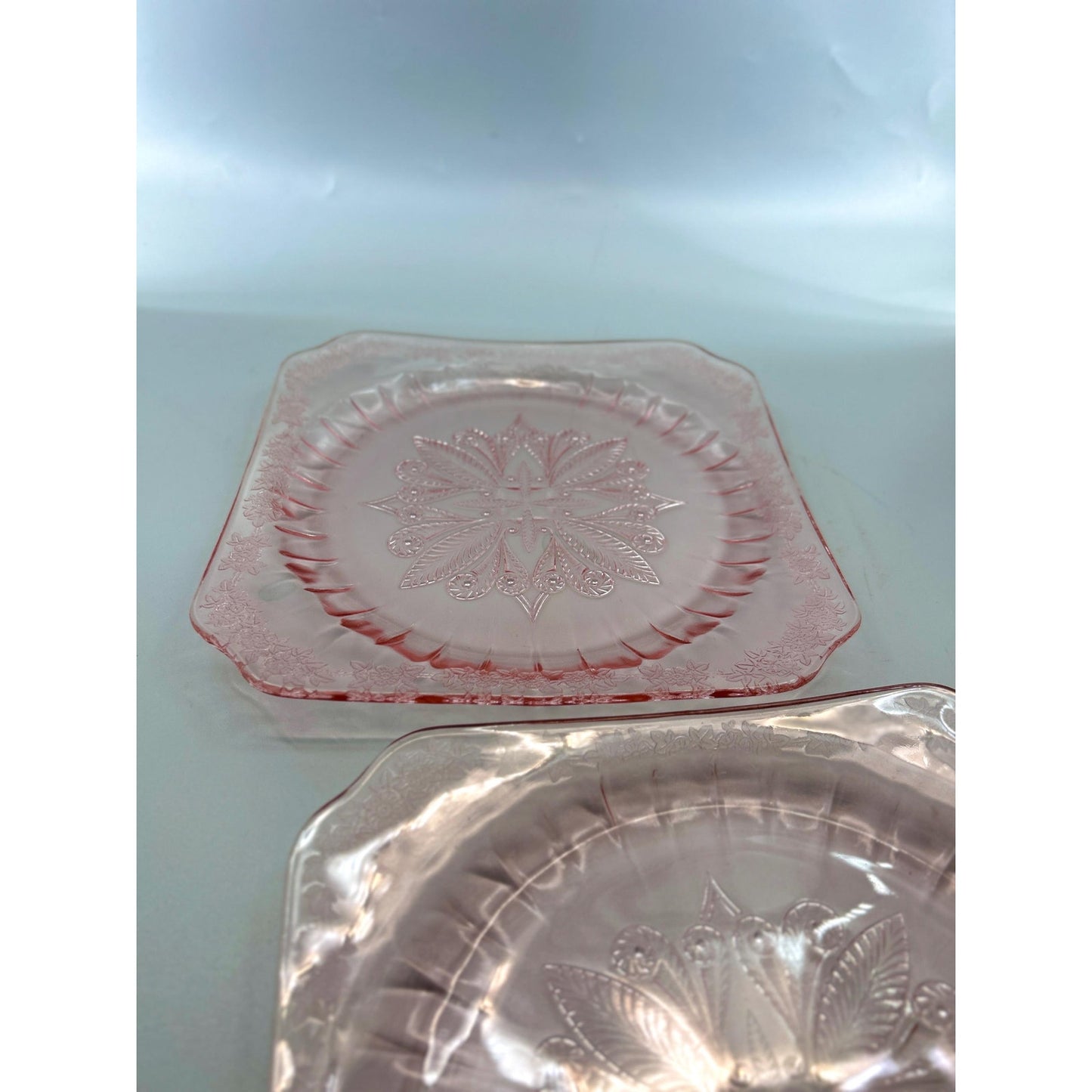 Vintage Pink Depression Glass Plates Set of 2 Etched Floral Square Luncheon Salad Plates Art Deco Glassware