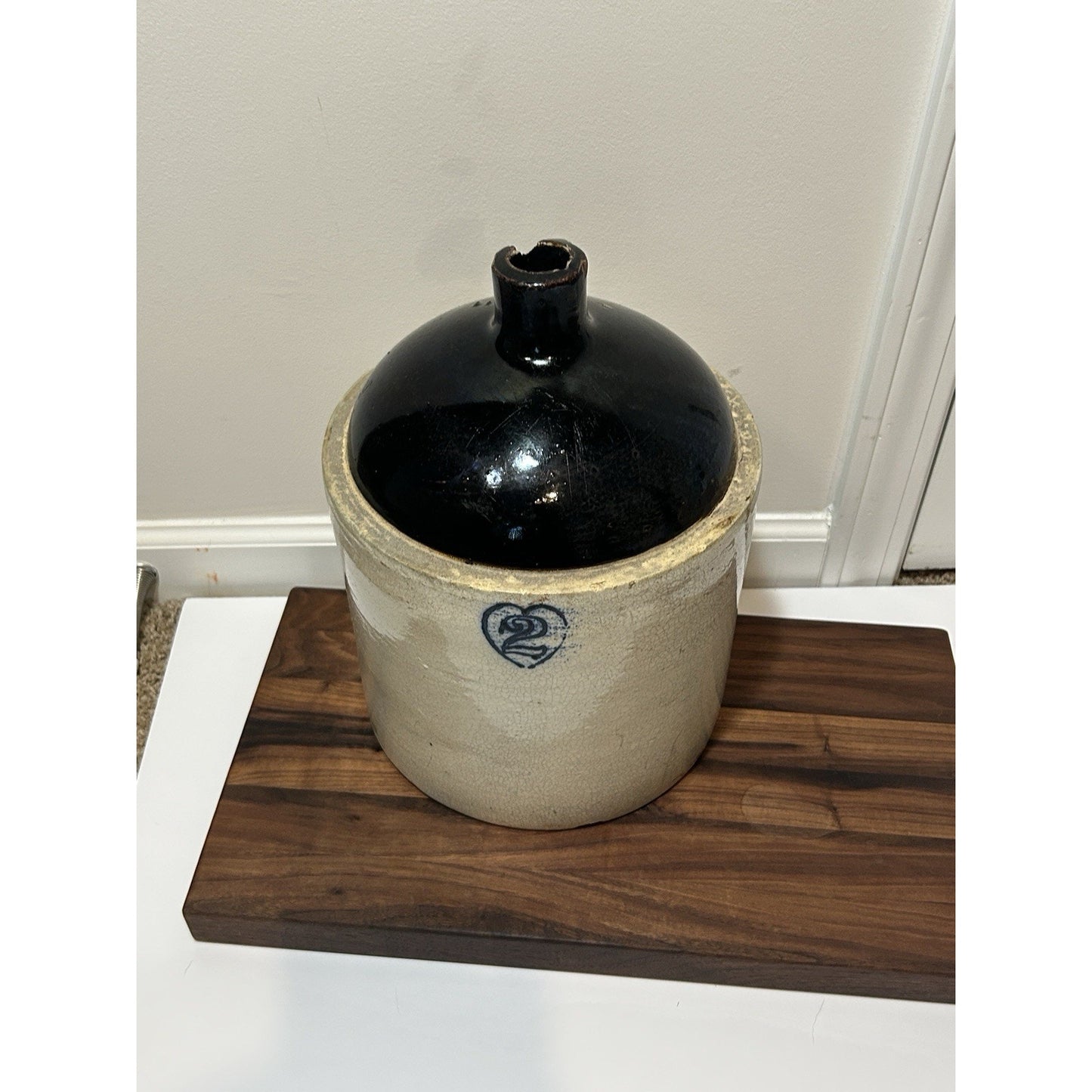 Antique Burley Winter 2 Gallon Stoneware Jug Cobalt Blue Heart Salt Glaze Crock