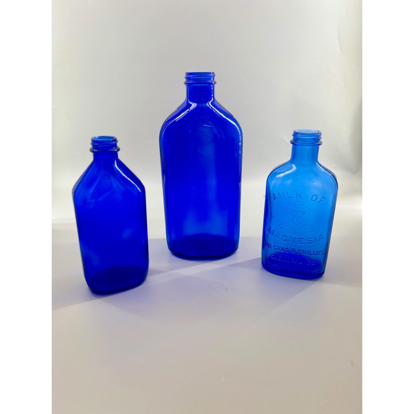 Antique Cobalt Blue Apothecary Bottle Lot Phillips Milk of Magnesia Pharmacy Drugstore Glass Decor