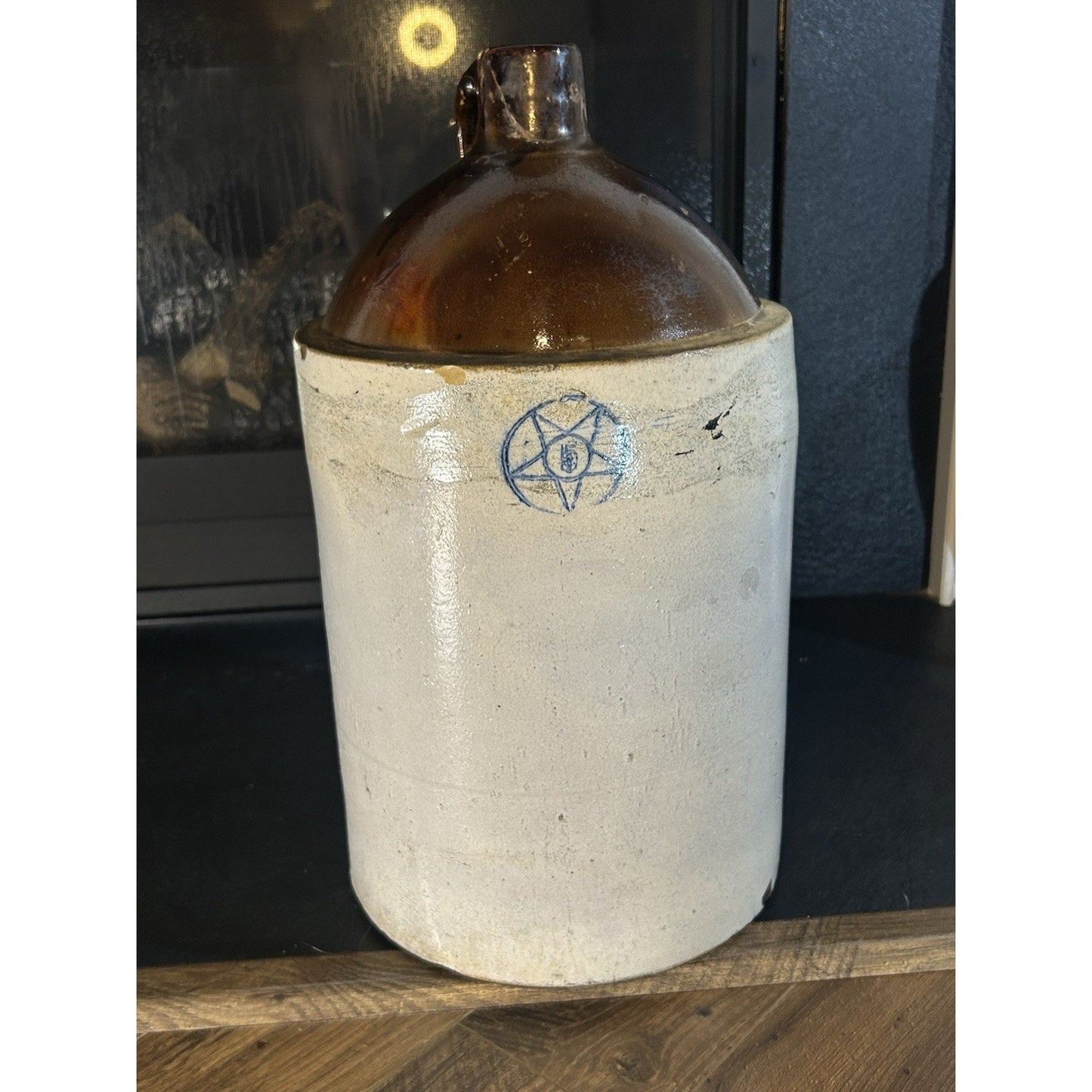 Antique 5-Gallon Blue Star Stoneware Crock Jug — Cobalt Blue Decoration — Primitive American Folk Pottery