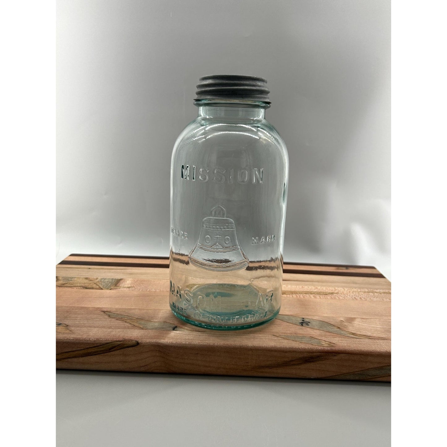 Mission Bell Mason Aqua Blue Glass Liberty Bell Trade Mark Scarce Hazel Atlas Half Gallon Zinc Lid