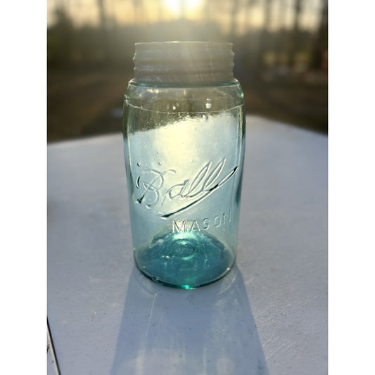 1900-1910 Ball Mason Triple L Jar Quart Aqua Blue Glass with Lots of Bubbles